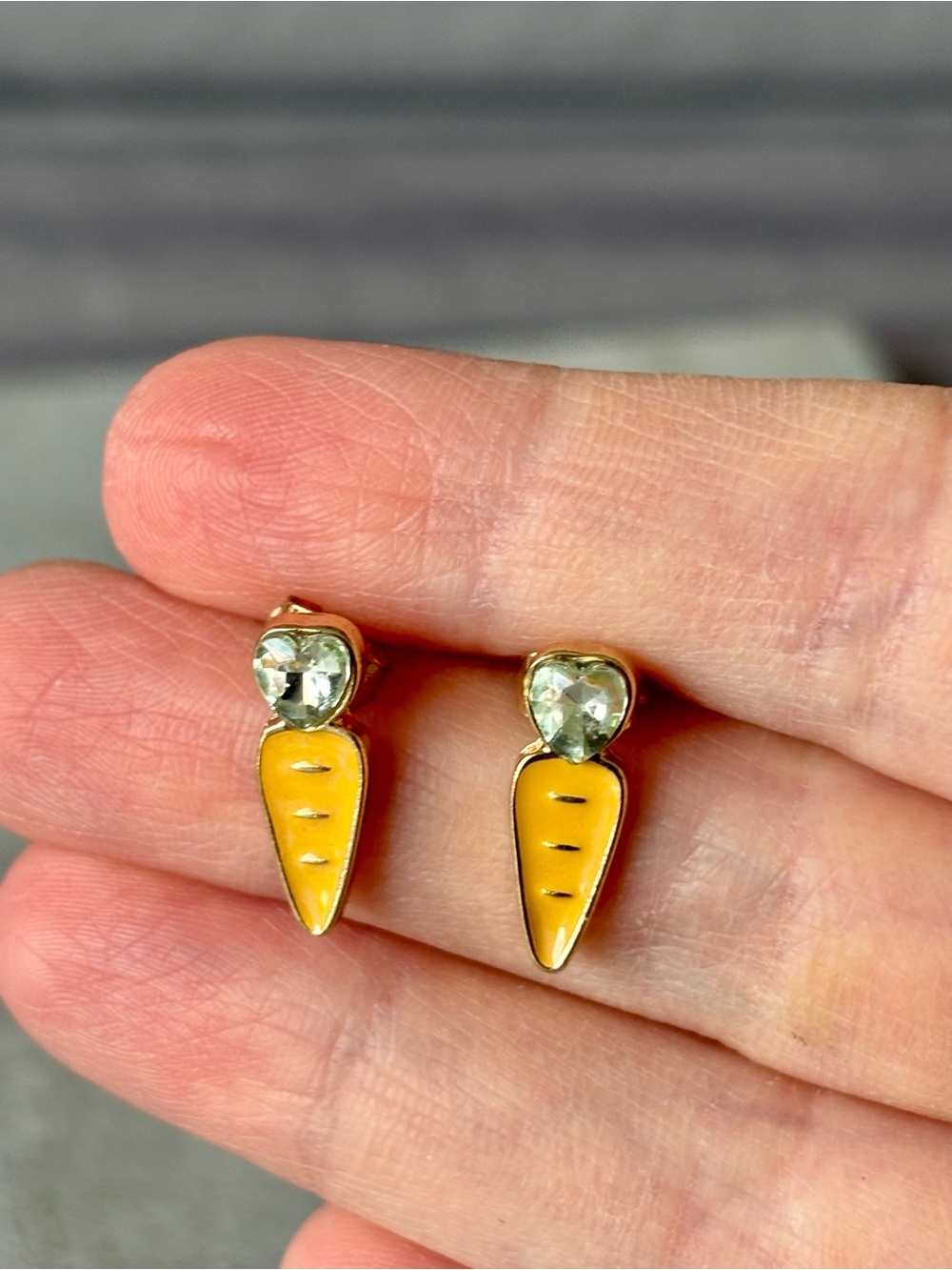Gold-Tone Yellow Carrot Stud Earrings with Clear Stone Accent